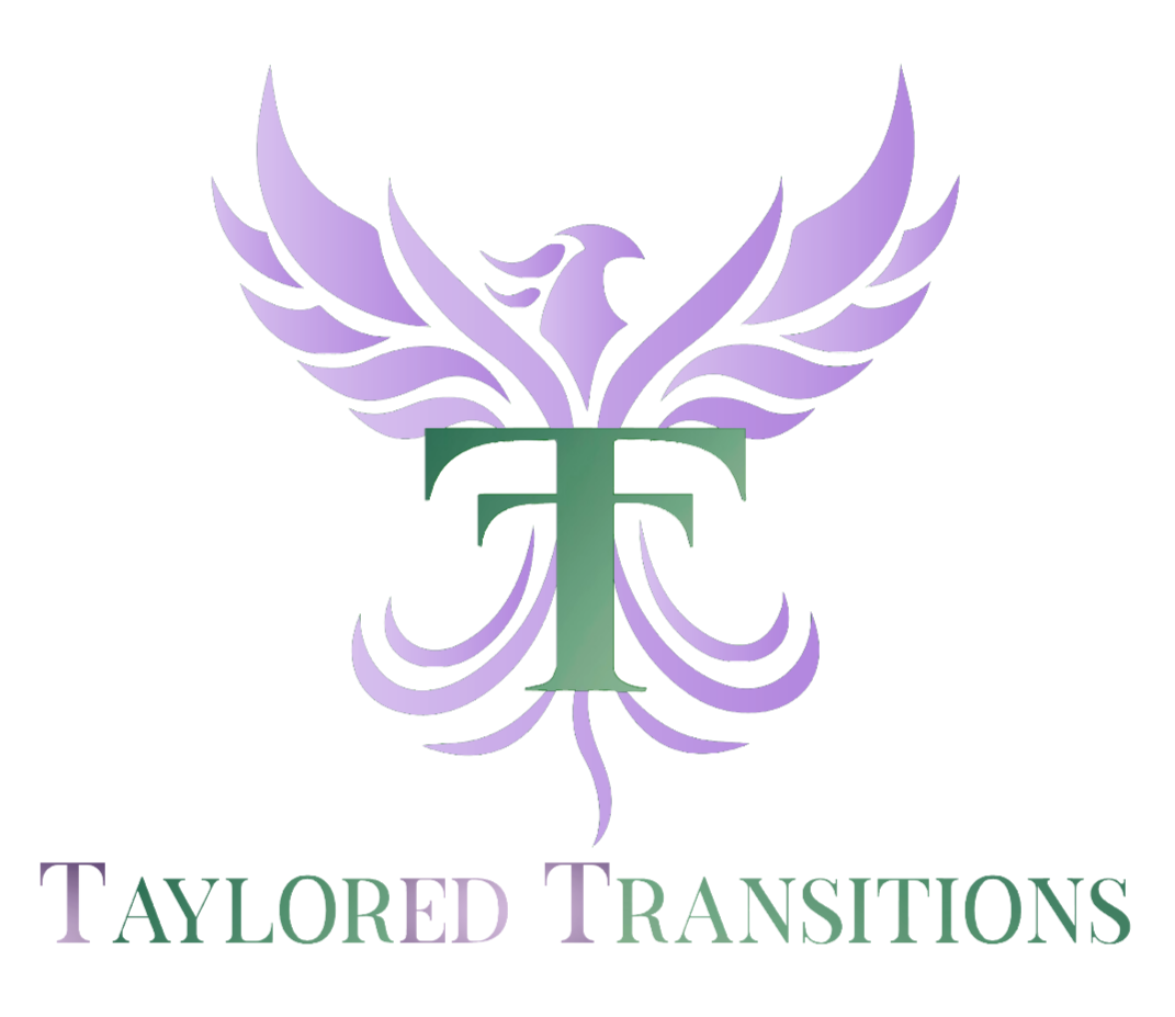 Taylored Transitions Logo Taylored Transitions logo featuring a stylized bird and leaf design in lavender and green